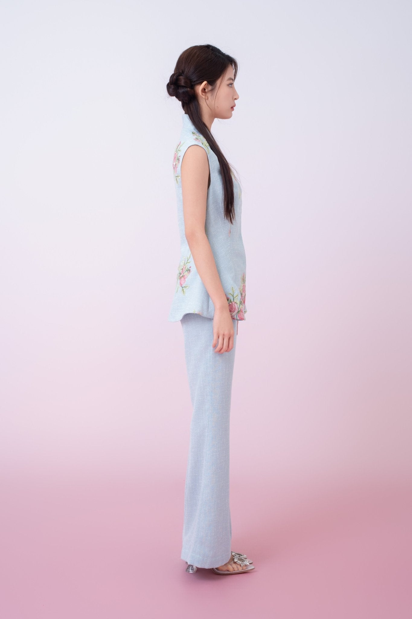 Katerina Light Blue With Floral Embroidered Peplum Top - Nimisski