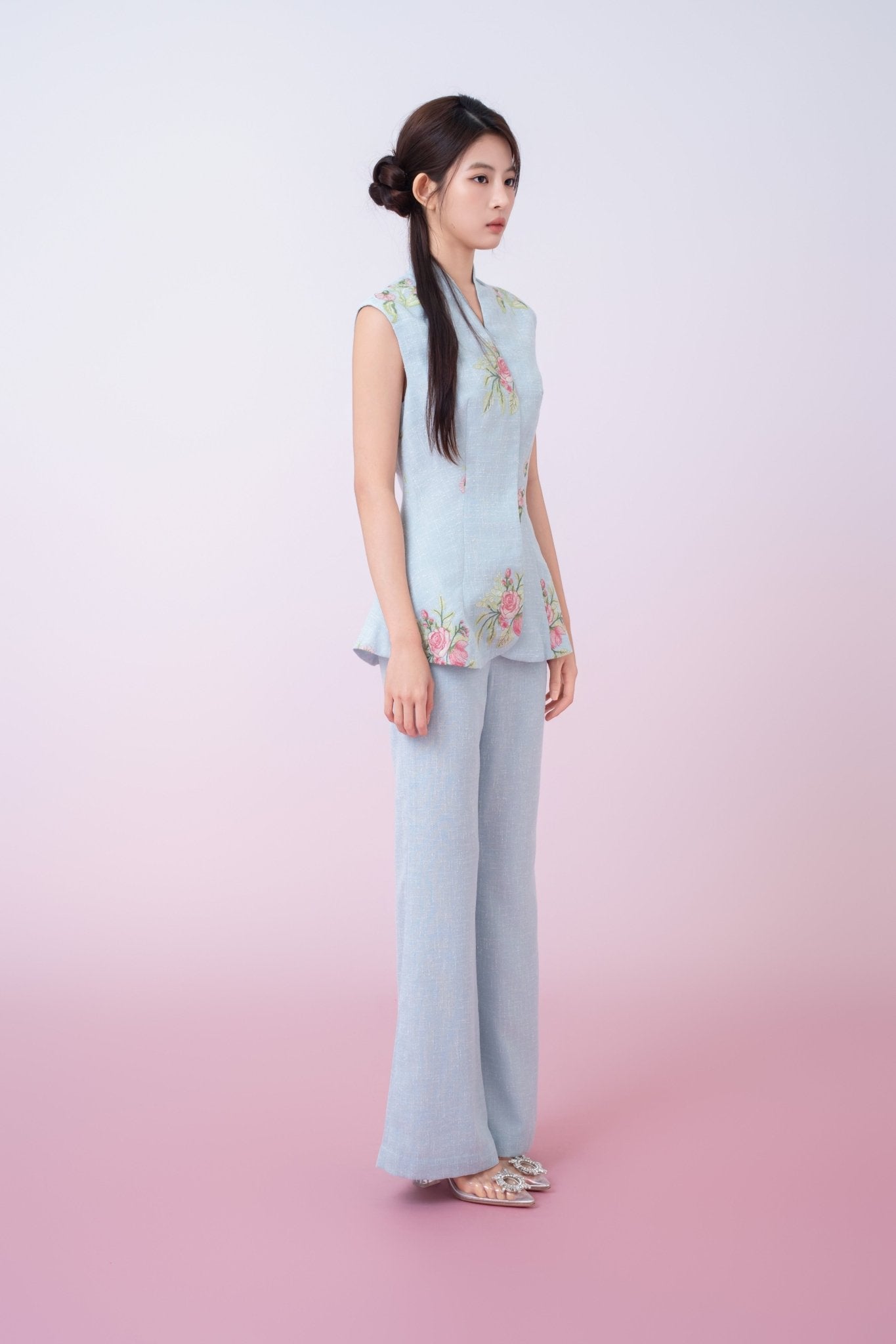 Katerina Light Blue With Floral Embroidered Peplum Top - Nimisski