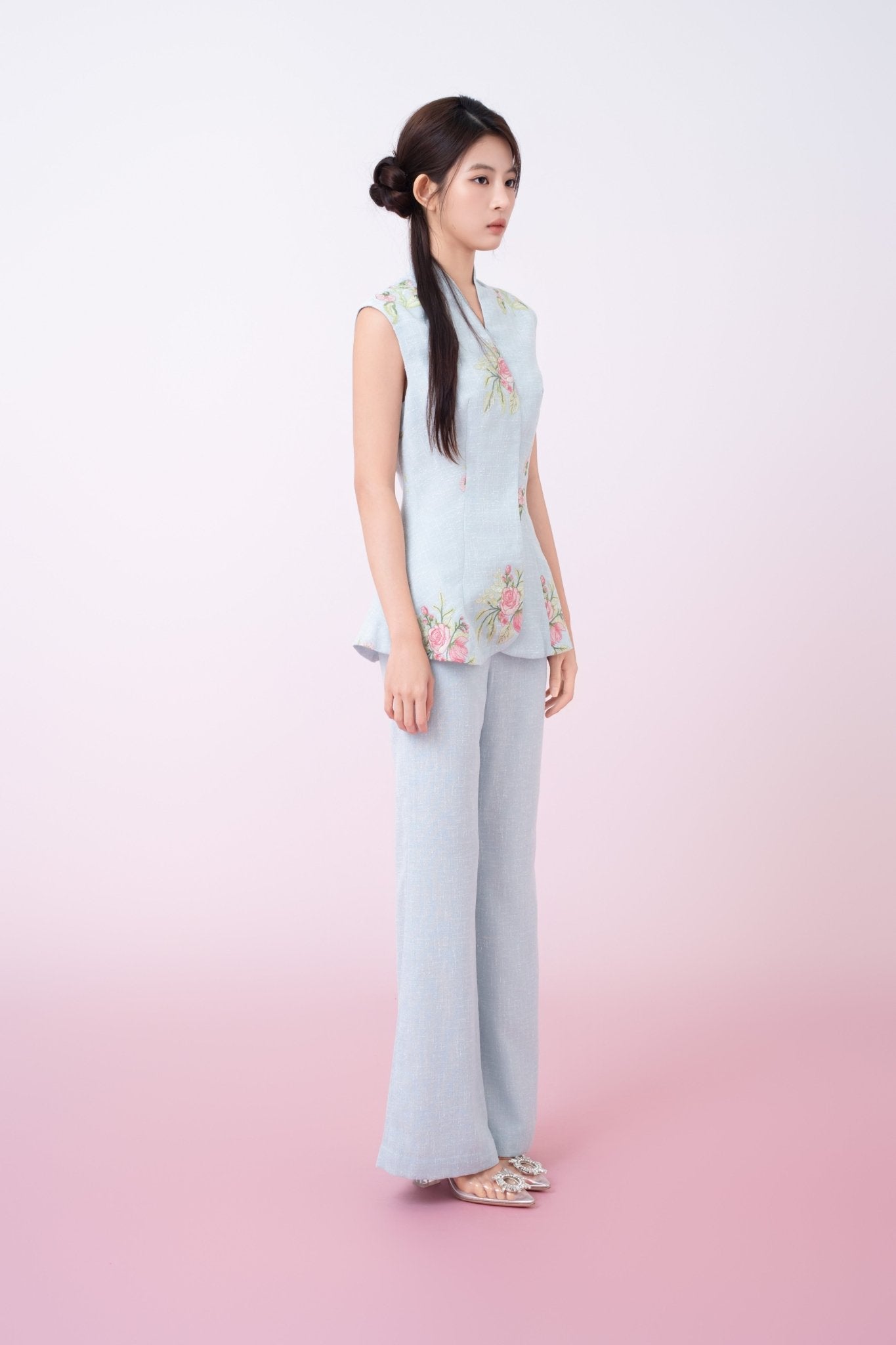 Katerina Light Blue With Floral Embroidered Peplum Top - Nimisski