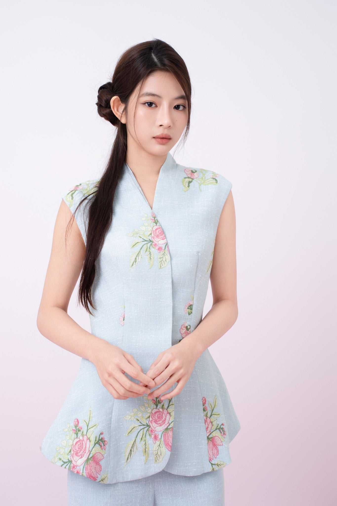 Katerina Light Blue With Floral Embroidered Peplum Top - Nimisski