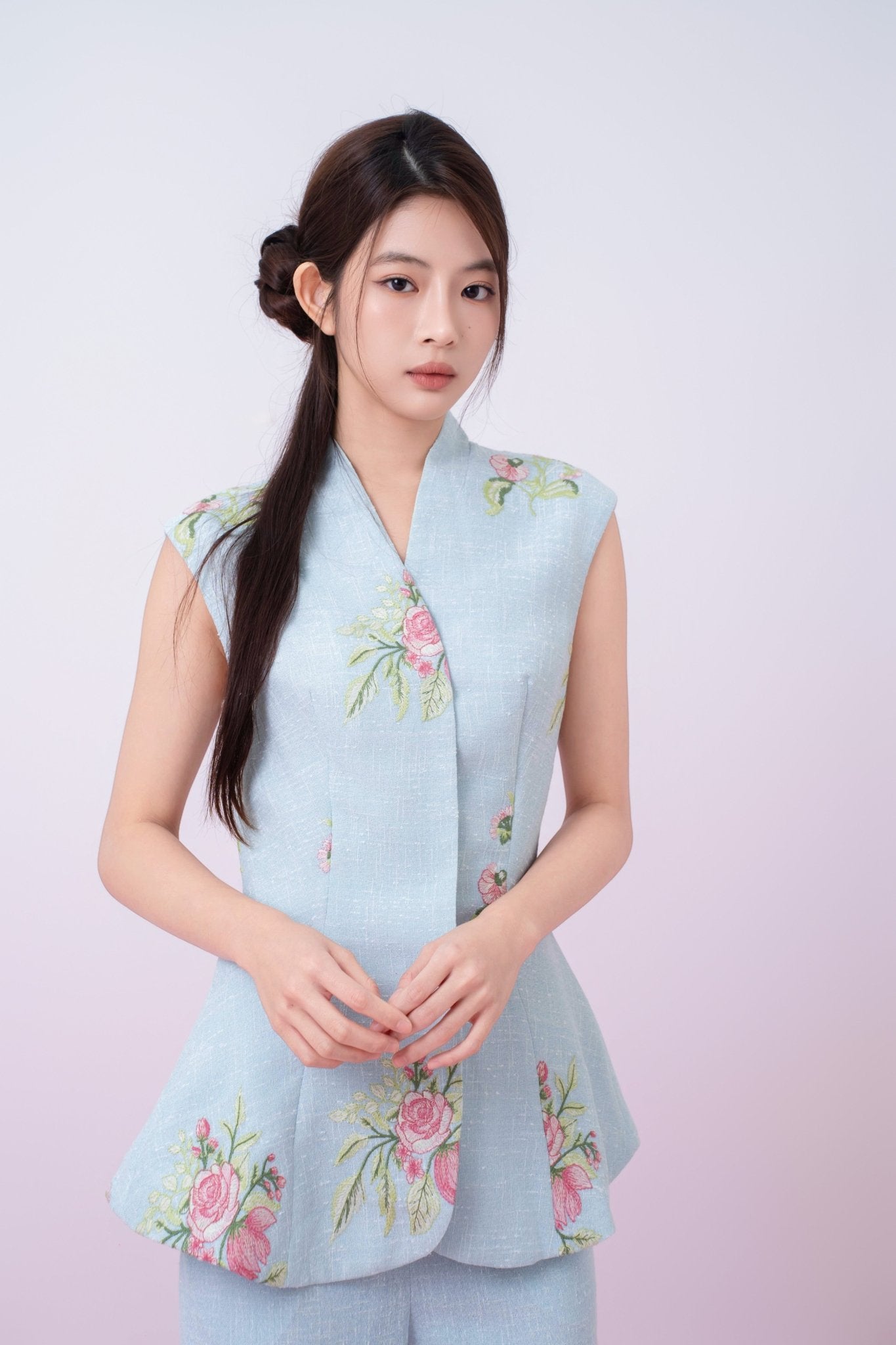 Katerina Light Blue With Floral Embroidered Peplum Top - Nimisski