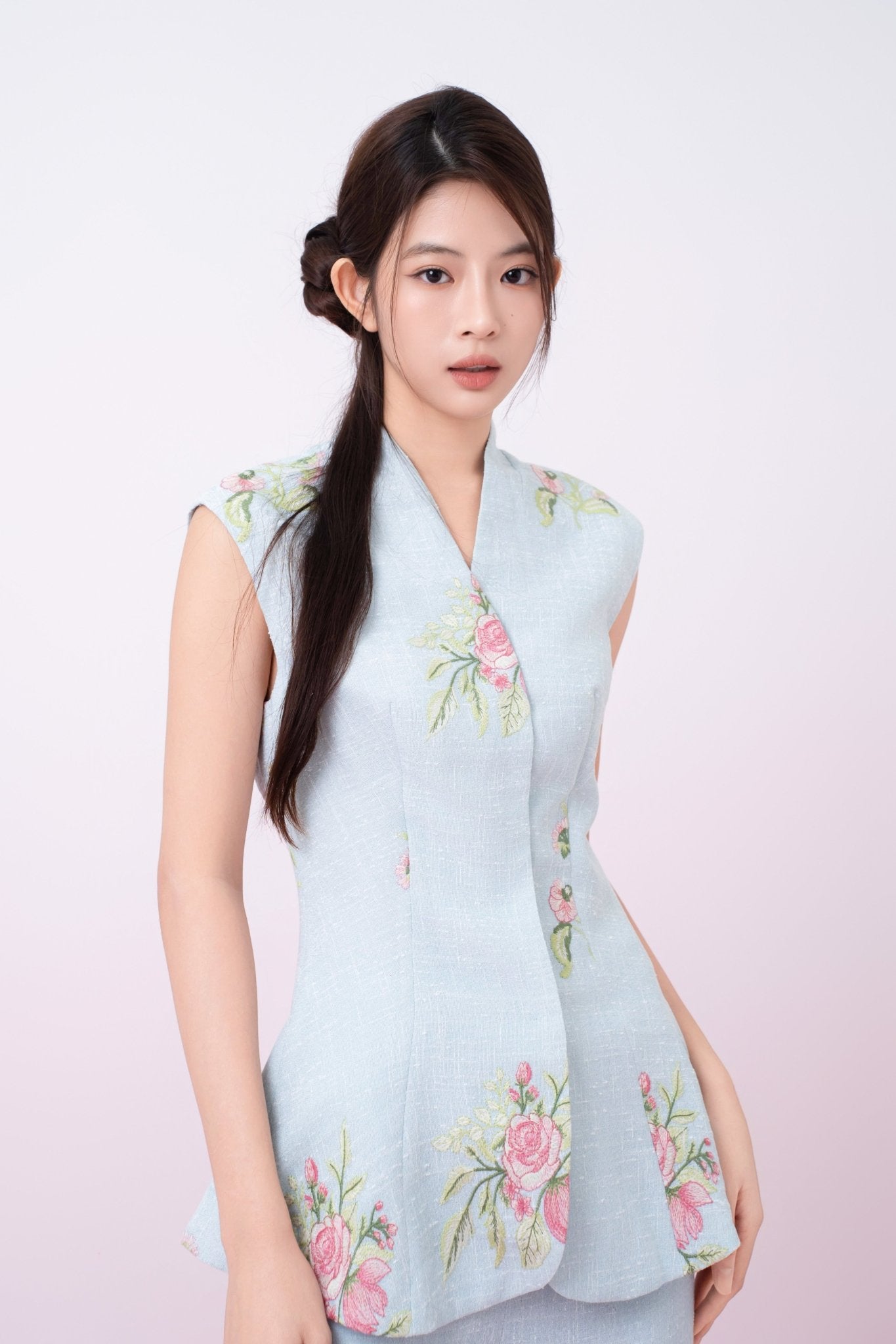 Katerina Light Blue With Floral Embroidered Peplum Top - Nimisski