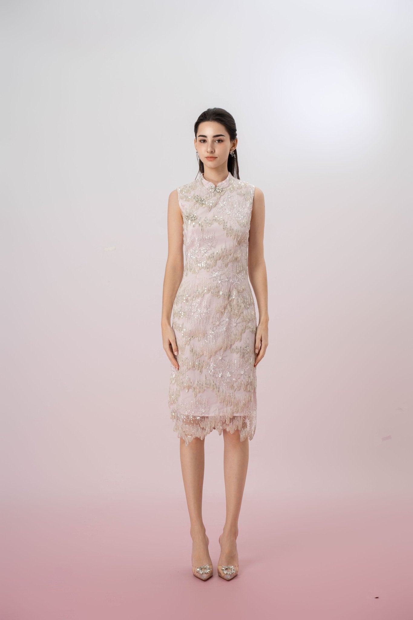 Glennetta Pink With Sliver Sequin Sleeveless Dress - Nimisski