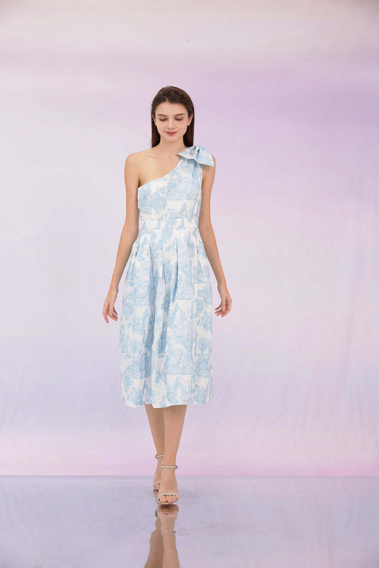 Gwenette Light Blue Embroidery White Dress