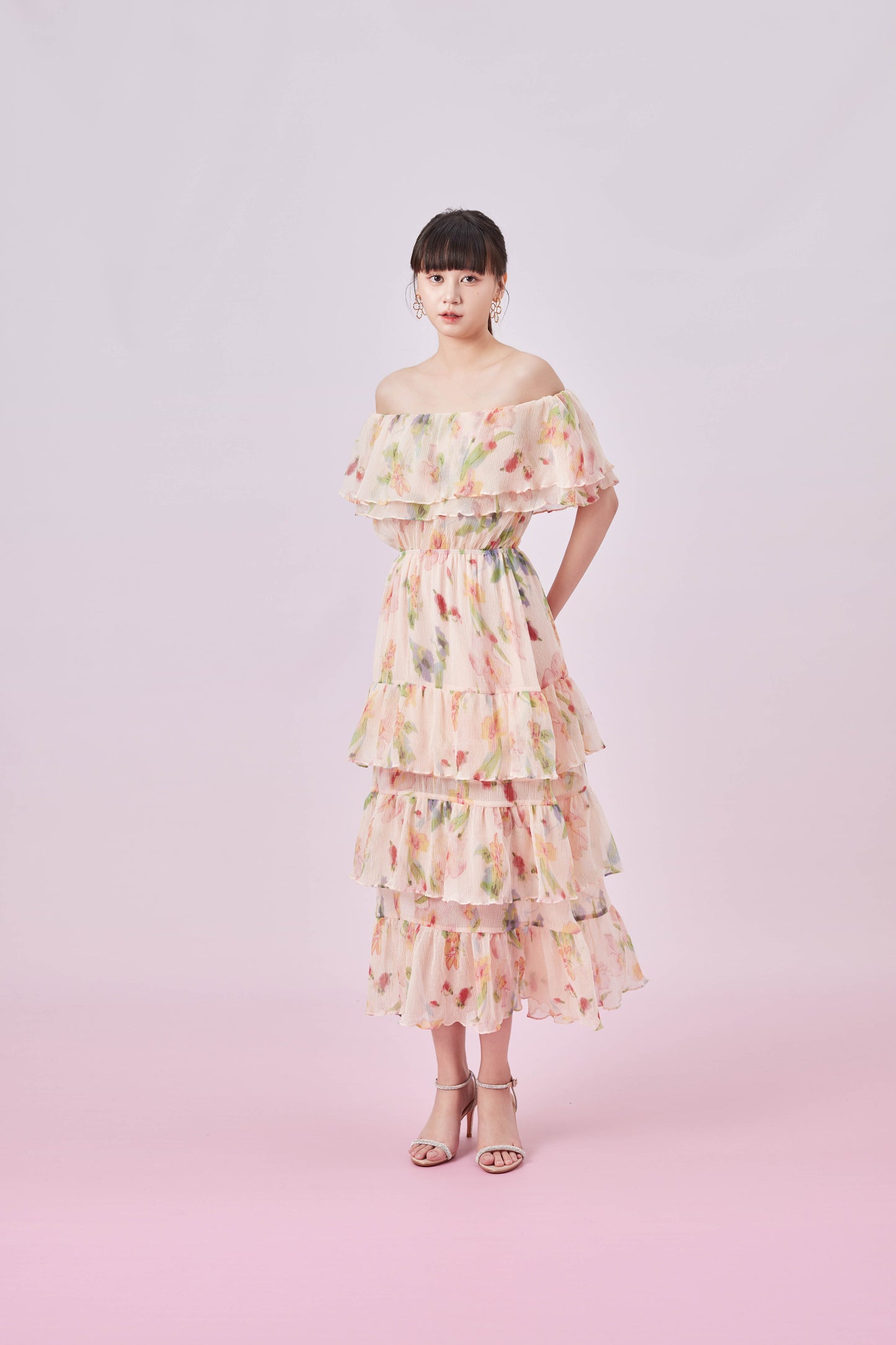 Gilana Peach Floral Print Tier Dress