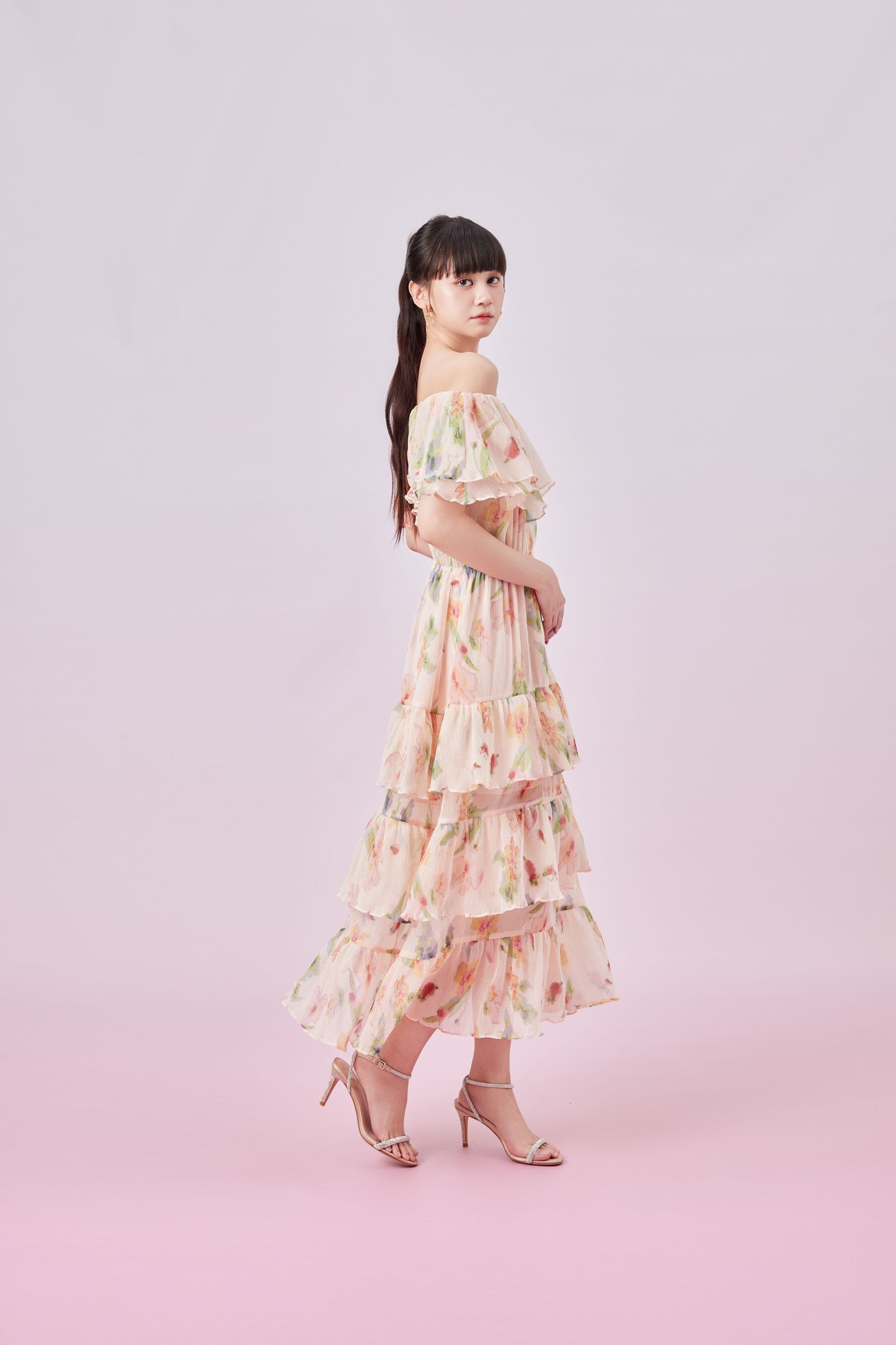 Gilana Peach Floral Print Tier Dress