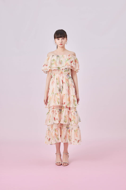 Gracelyn Peach Floral Print Tier Dress