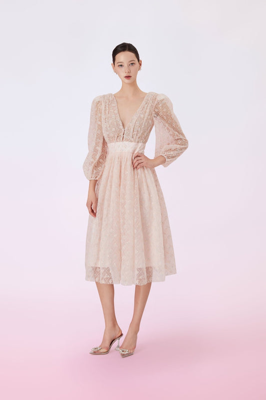 Glyn Peach Mesh Midi Dress - Nimisski