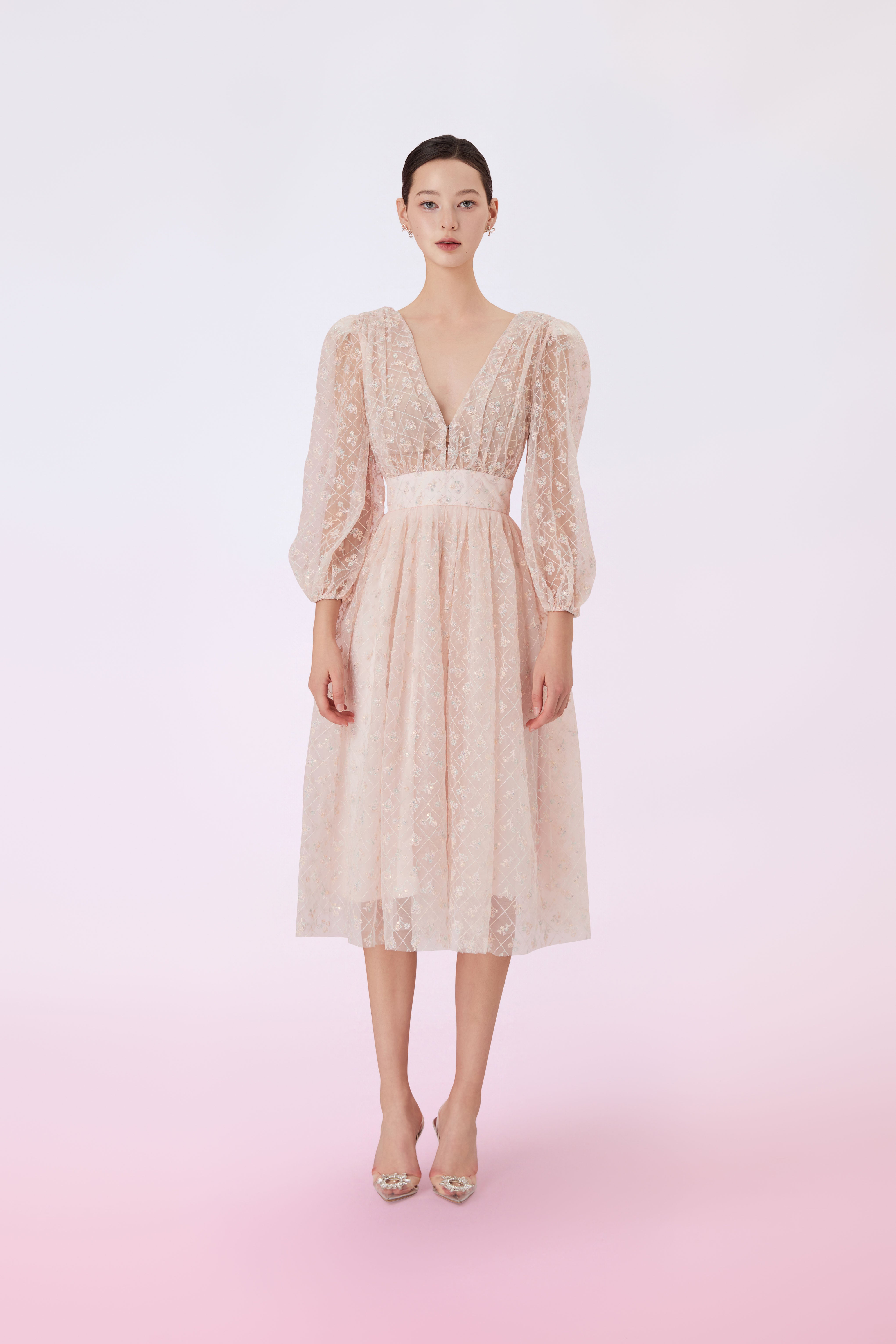 Glyn Peach Mesh Midi Dress