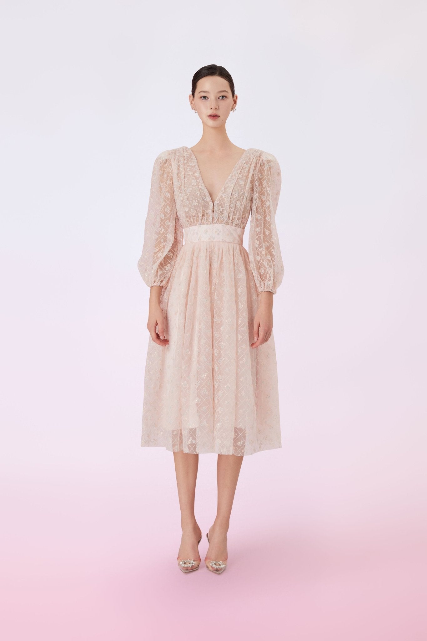 Glyn Peach Mesh Midi Dress - Nimisski