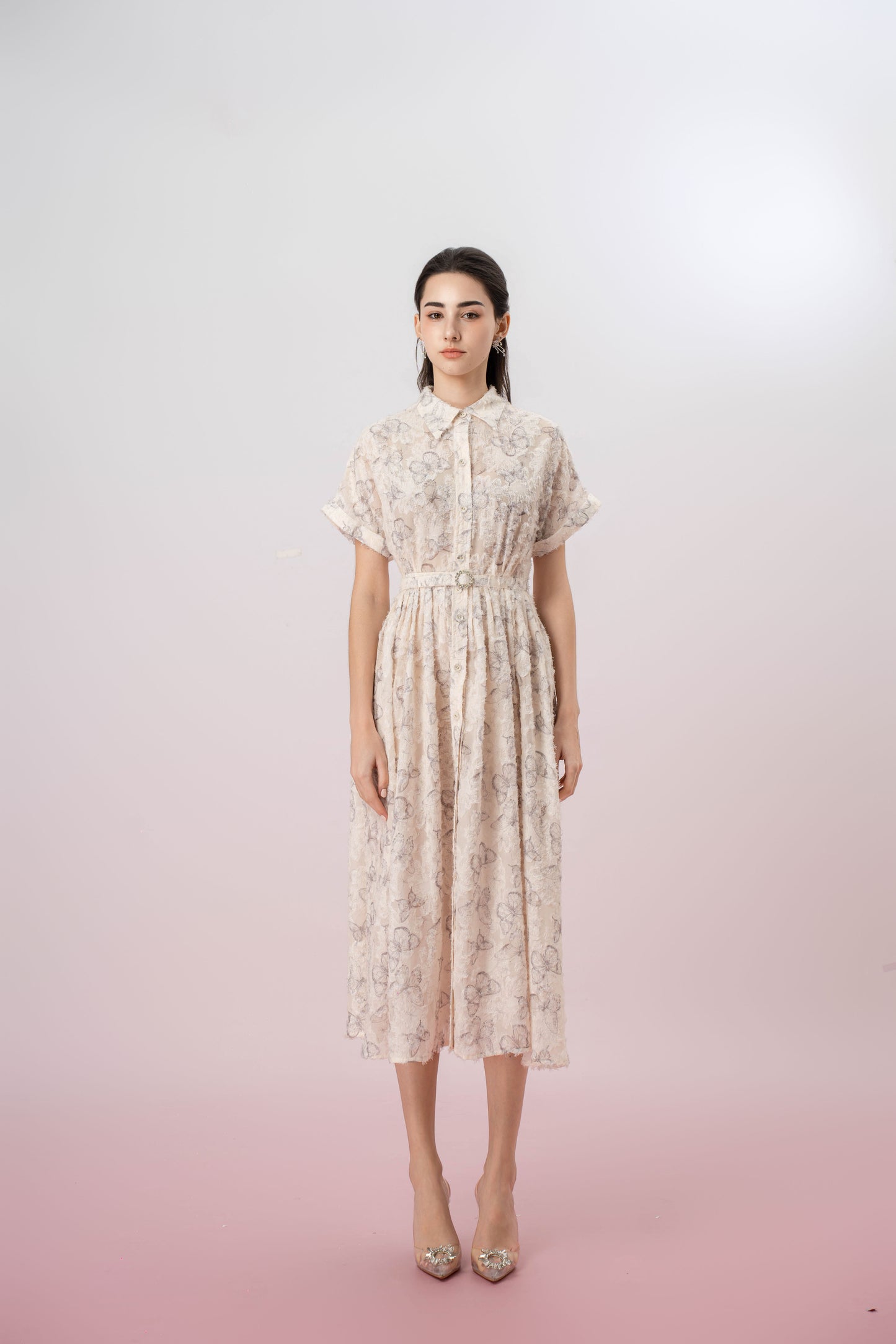 Fiori Butterfly Print In Off White Shirt-Dress