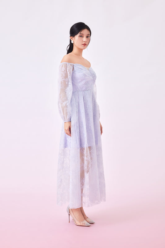 Galea Lilac Embossed Off Shoulder Dress (Short Lining)