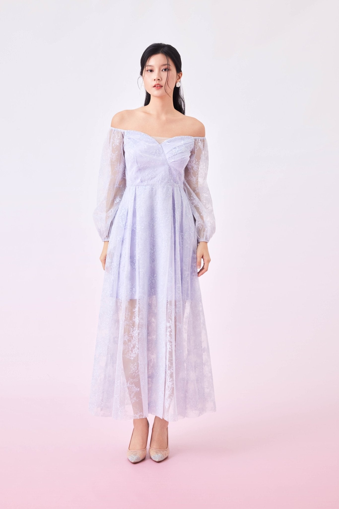 Galea Lilac Embossed Off Shoulder Dress (Short Lining) - Nimisski