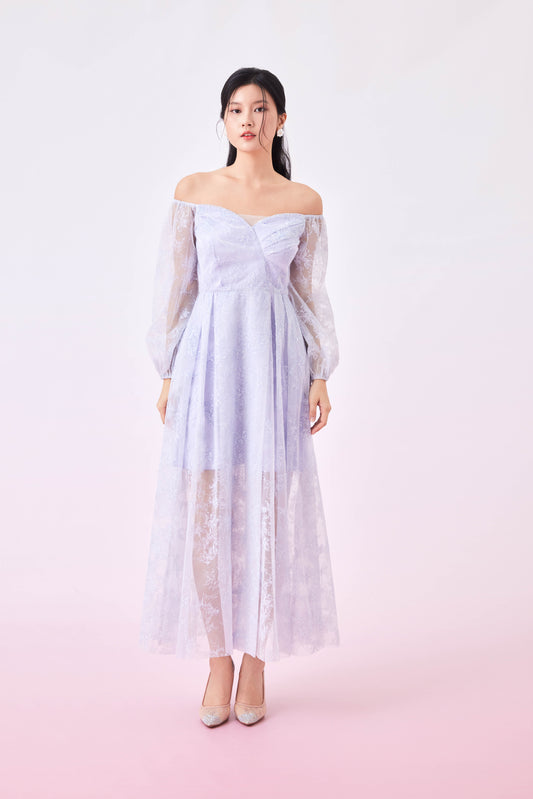 Galea Lilac Embossed Off Shoulder Dress (Short Lining)