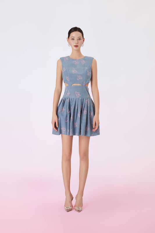 Gada Butterfly In Blue Denim Cut-Out Dress