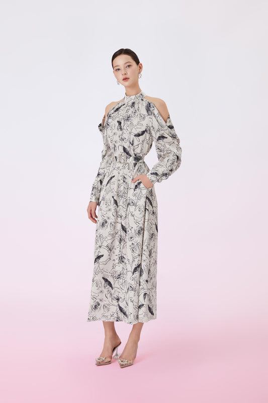 Geenia Black Print In White Halter Dress - Nimisski