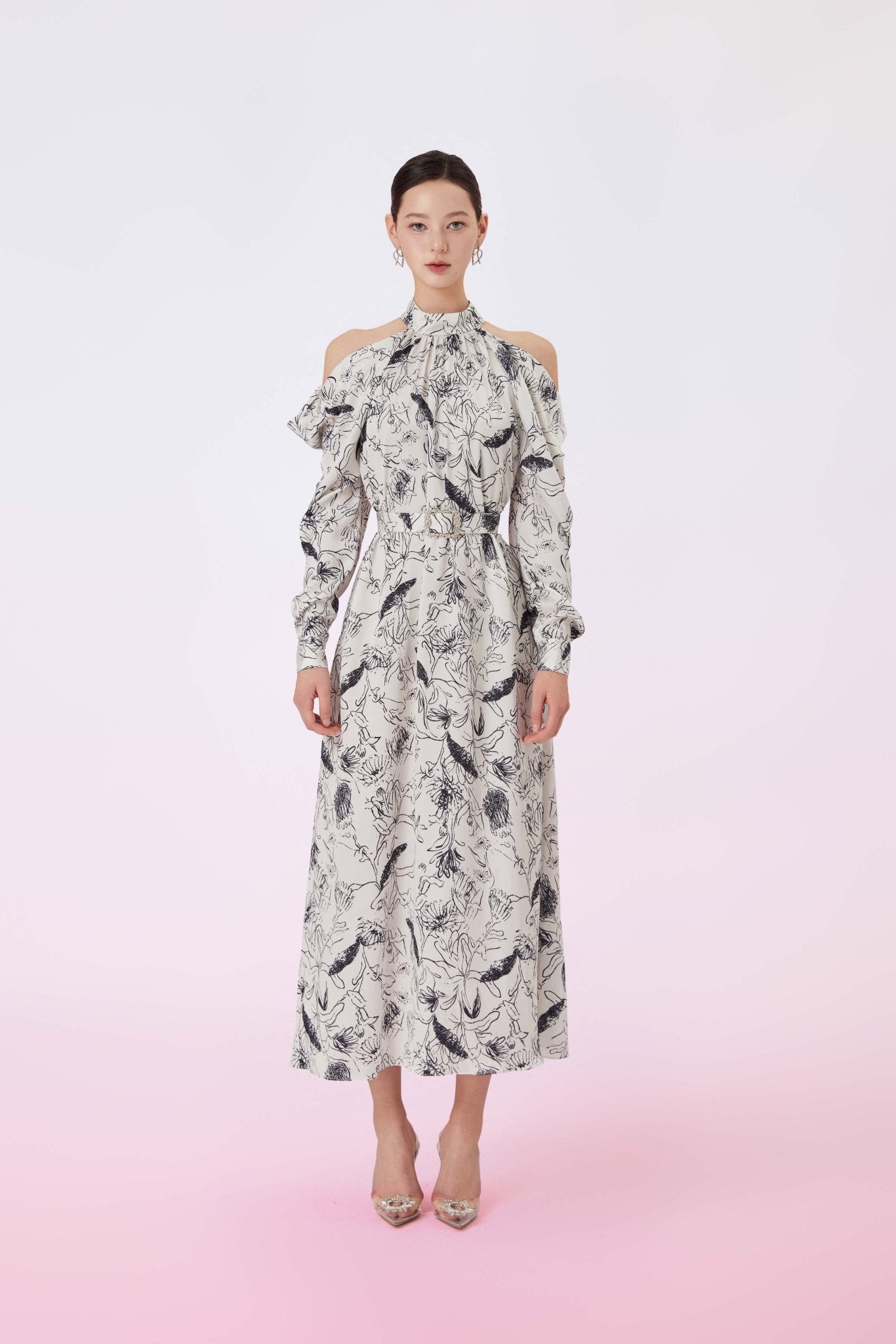 Geenia Black Print In White Halter Dress - Nimisski