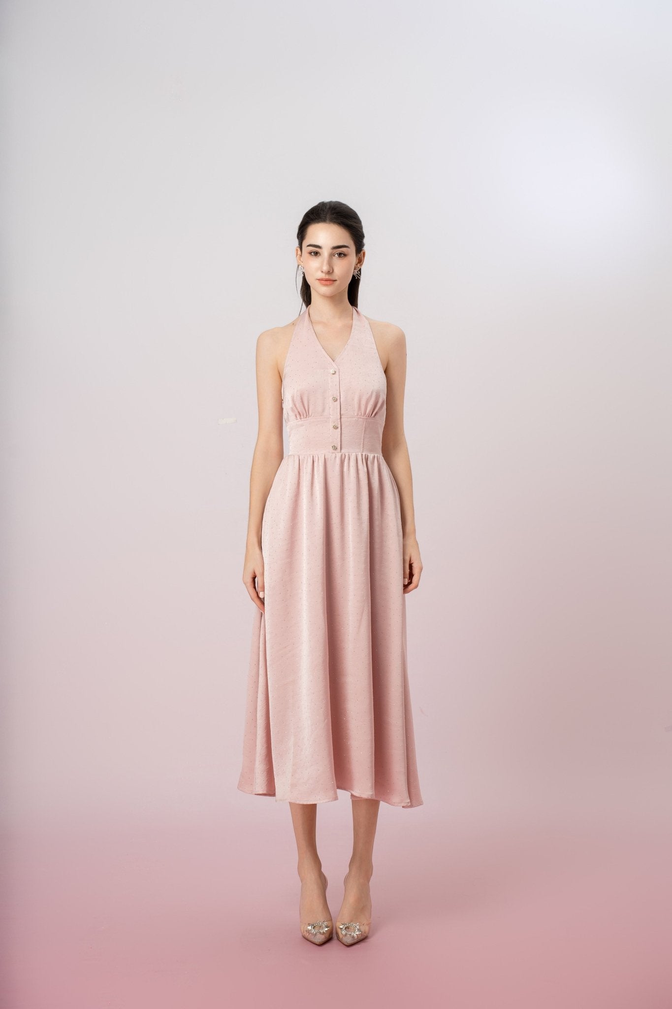 Genivieve Pink Twinkle Button Halter Dress - Nimisski