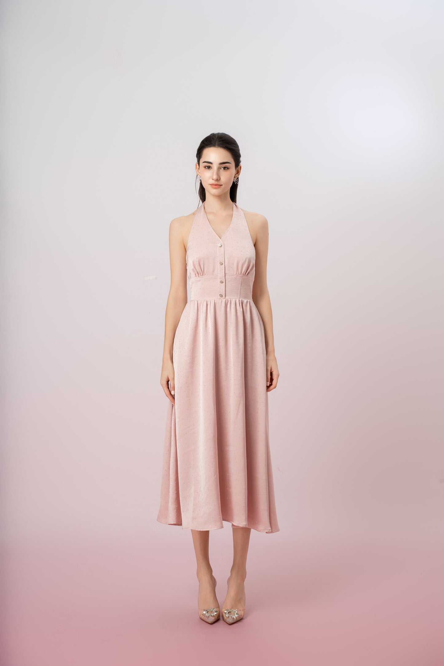 Genivieve Pink Twinkle Button Halter Dress