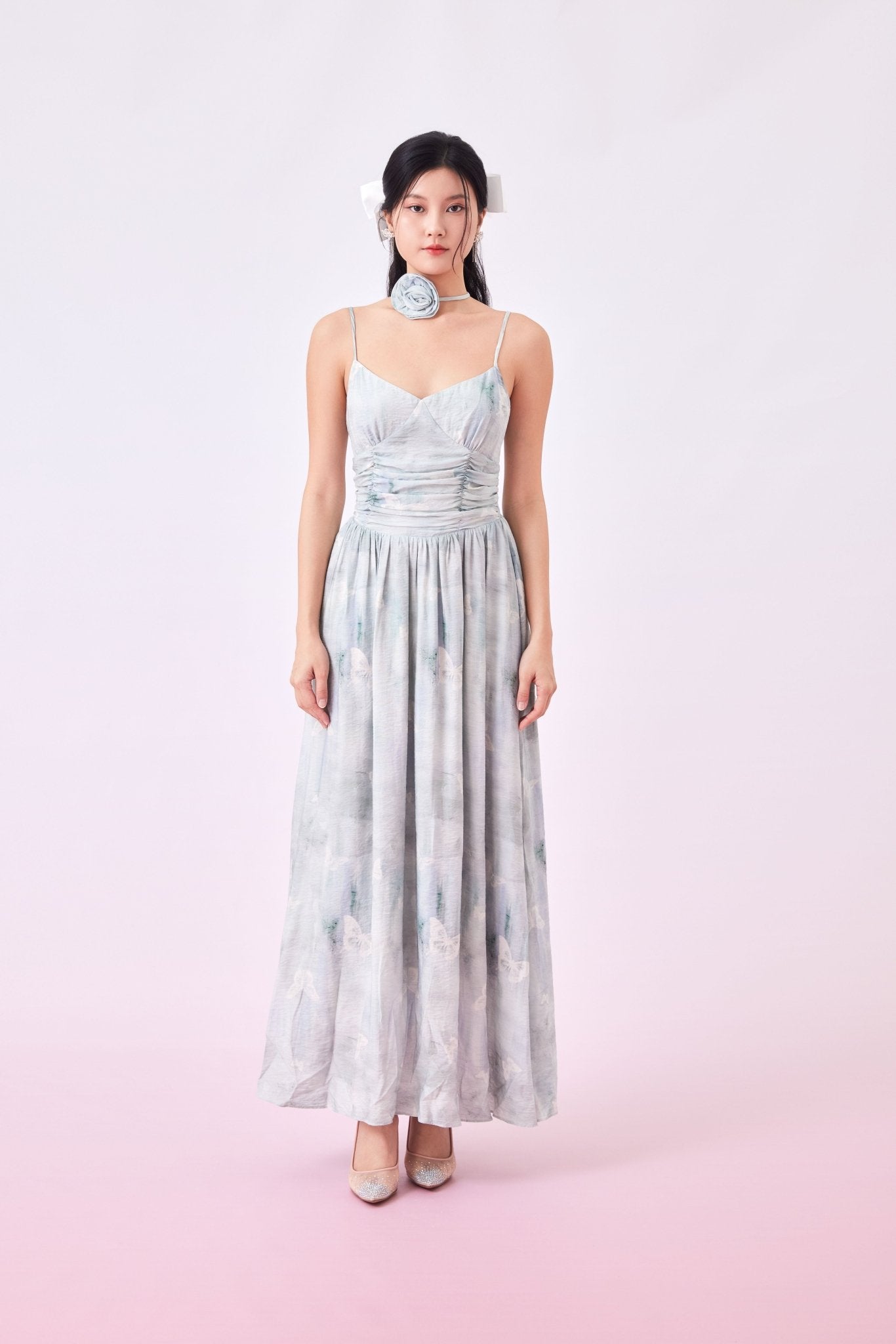 Gaetane Butterfly Print Green Strap Dress - Nimisski