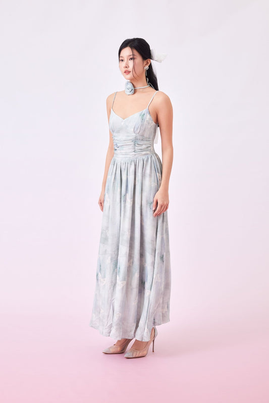 Gaetane Butterfly Print Green Strap Dress - Nimisski