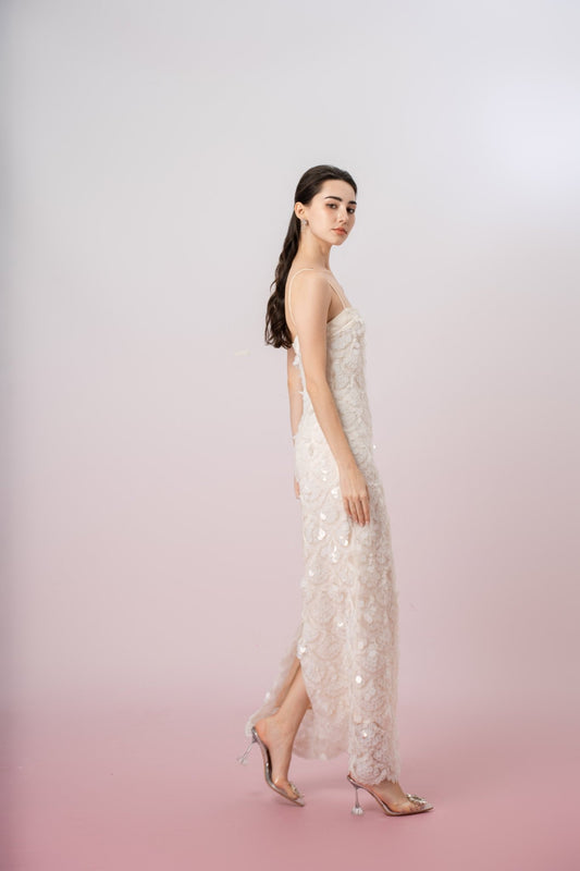 Gabriellen White Sequin Spaghetti Dress - Nimisski