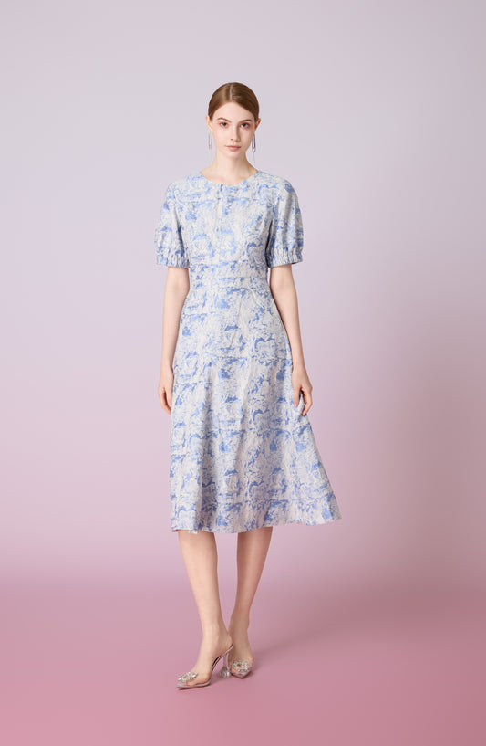 Joleen White Animal Print In Blue Midi Dress