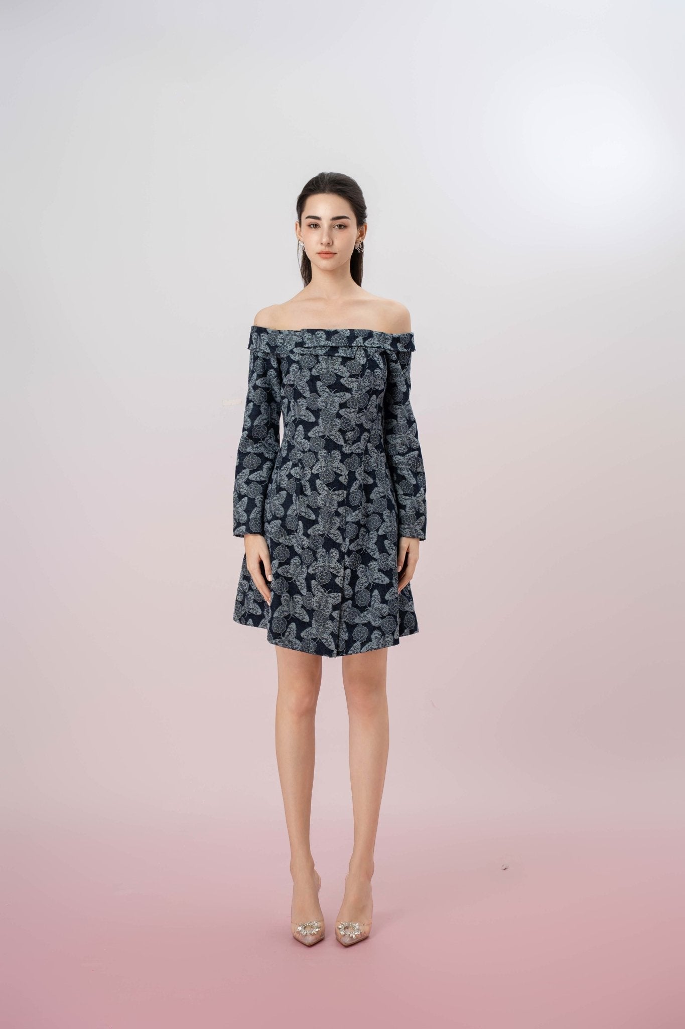 Isme Blue Butterfly Print Off Shoulder Dress - Nimisski