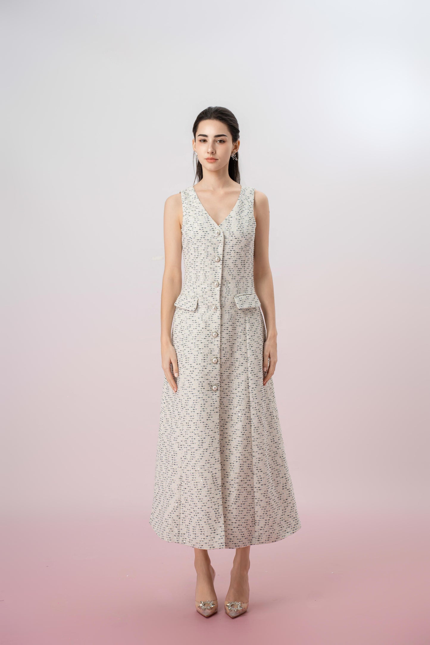 Geertje White Tweed Button Down Dress