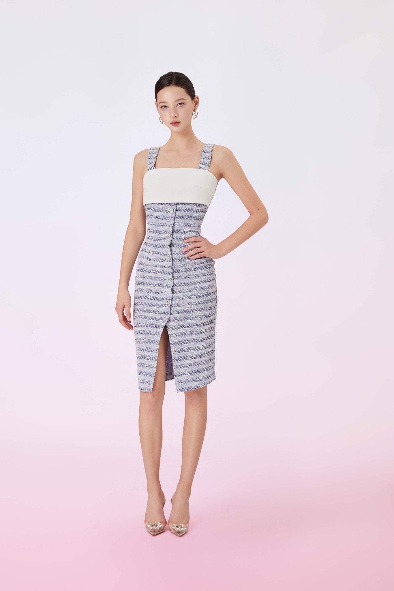 Gatita Blue Tweed Front Panel Strap Dress - Nimisski