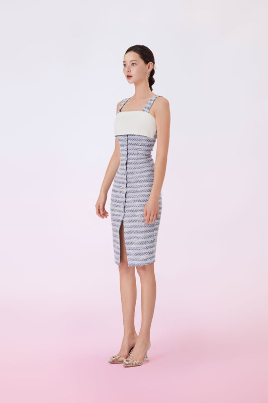 Gatita Blue Tweed Front Panel Strap Dress - Nimisski