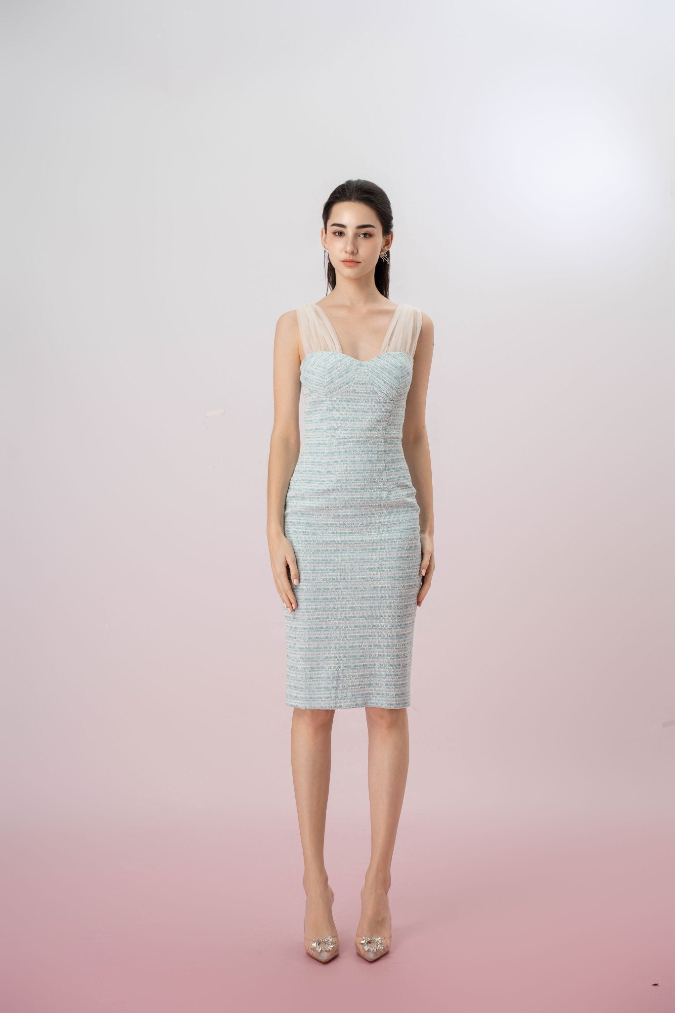 Ganit Green Padded Tweed Mesh Strap Dress - Nimisski