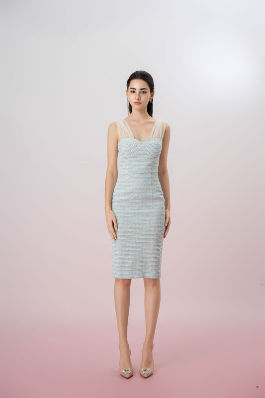 Ganit Green Padded Tweed Mesh Strap Dress