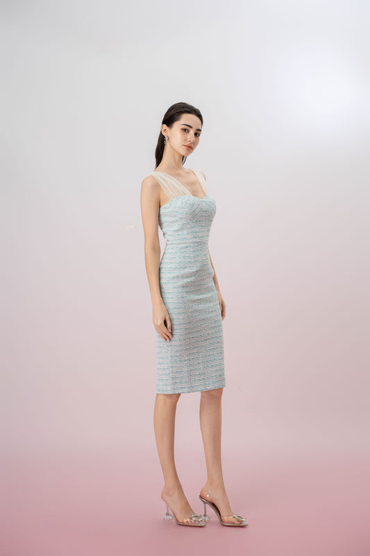 Ganit Green Padded Tweed Mesh Strap Dress