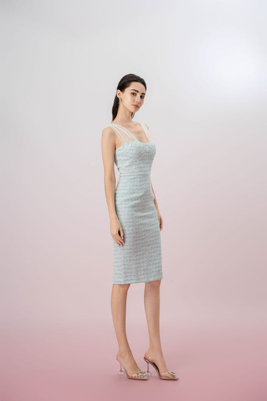 Ganit Green Padded Tweed Mesh Strap Dress - Nimisski