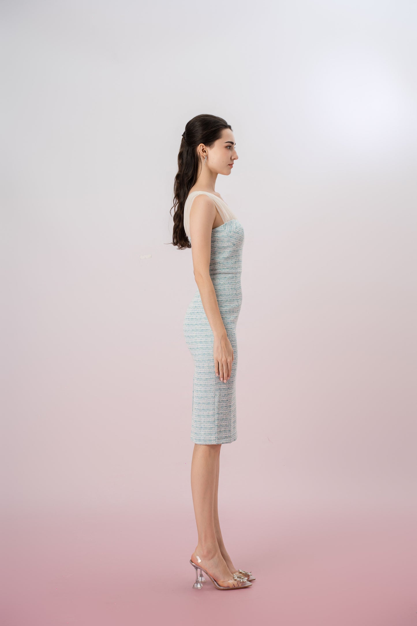 Ganit Green Padded Tweed Mesh Strap Dress