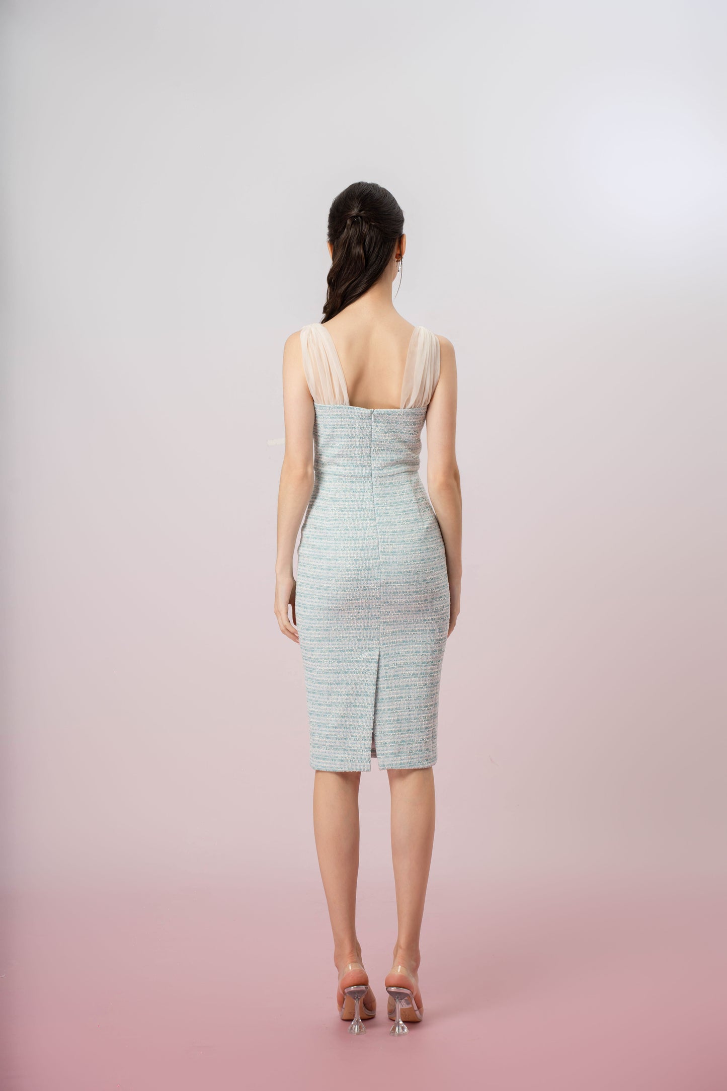 Ganit Green Padded Tweed Mesh Strap Dress