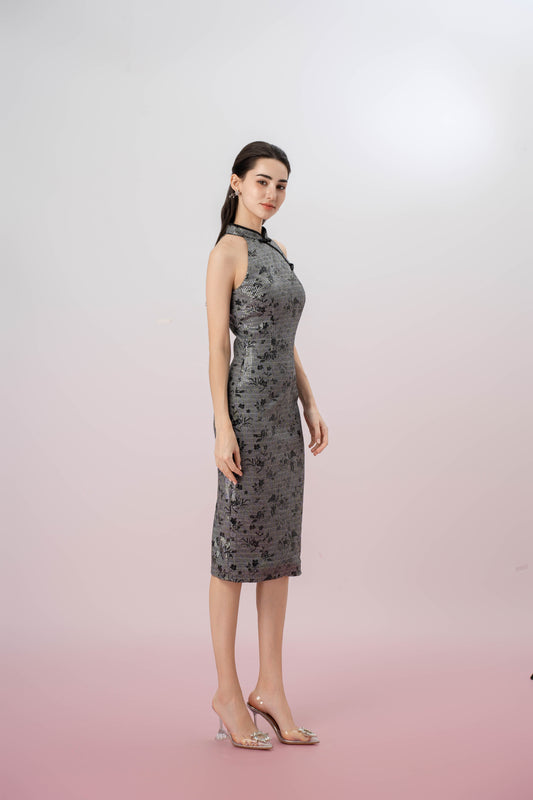 Gavraila Black Floral Sequin Cheongsam Dress