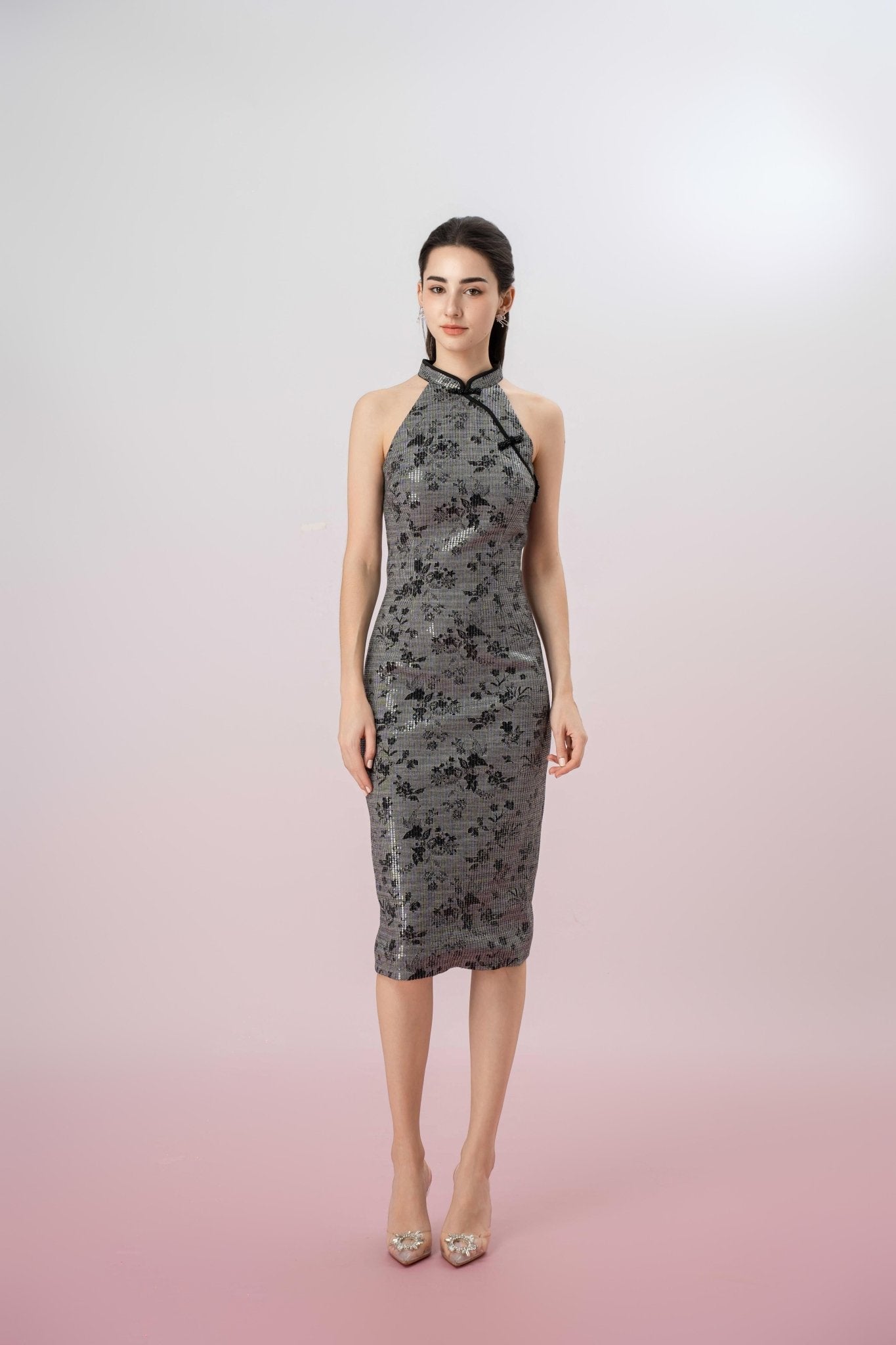 Gavraila Black Floral Sequin Cheongsam Dress - Nimisski