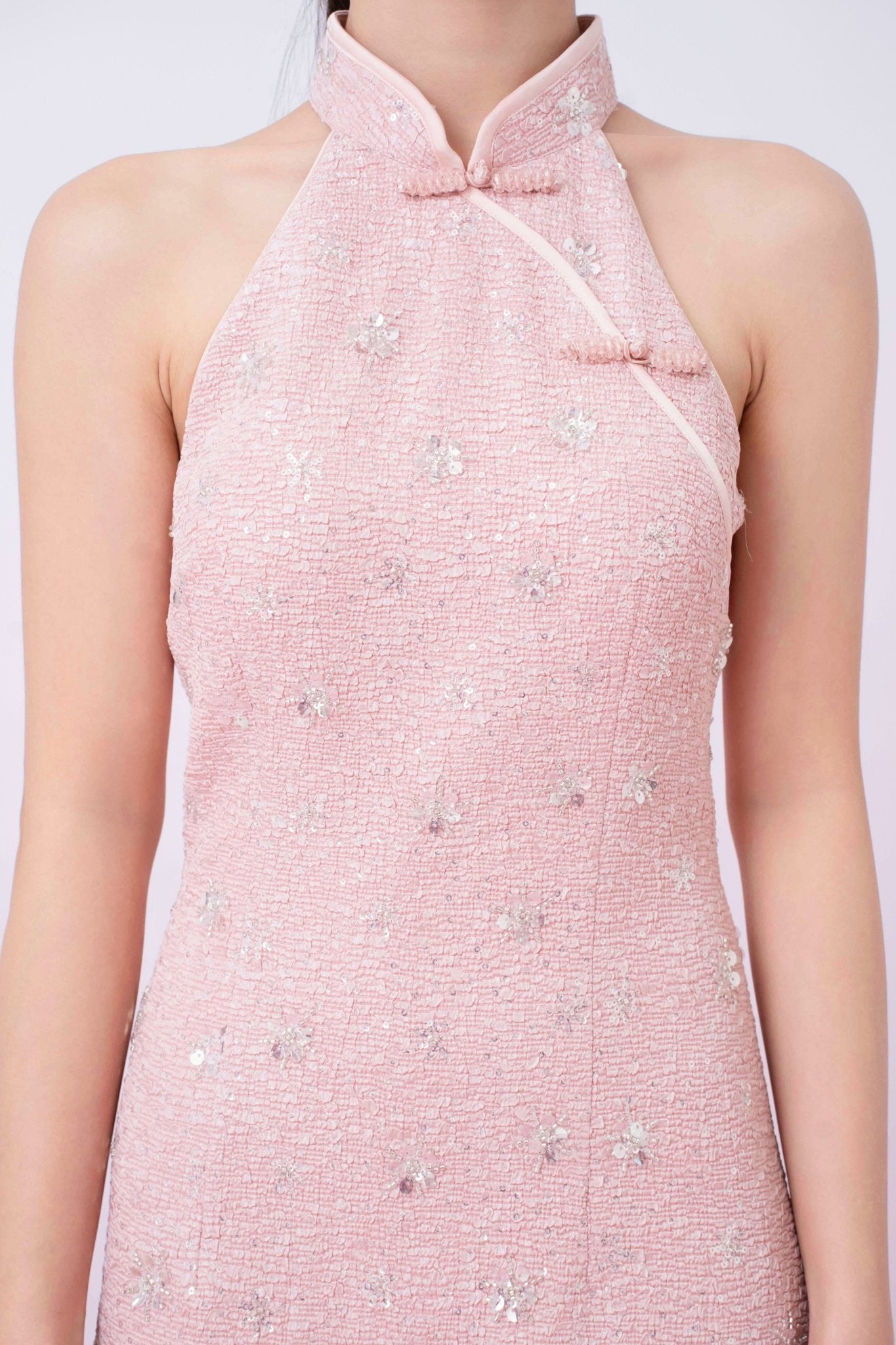 Gavraila Pink Tweed With Embellishments Cheongsam Dress - Nimisski