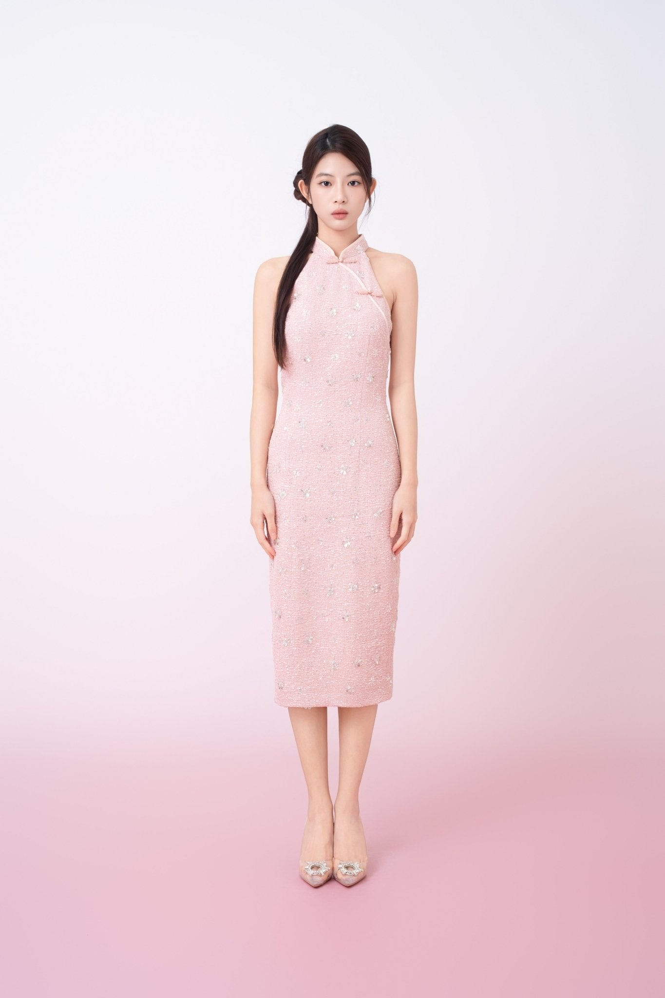 Gavraila Pink Tweed With Embellishments Cheongsam Dress - Nimisski