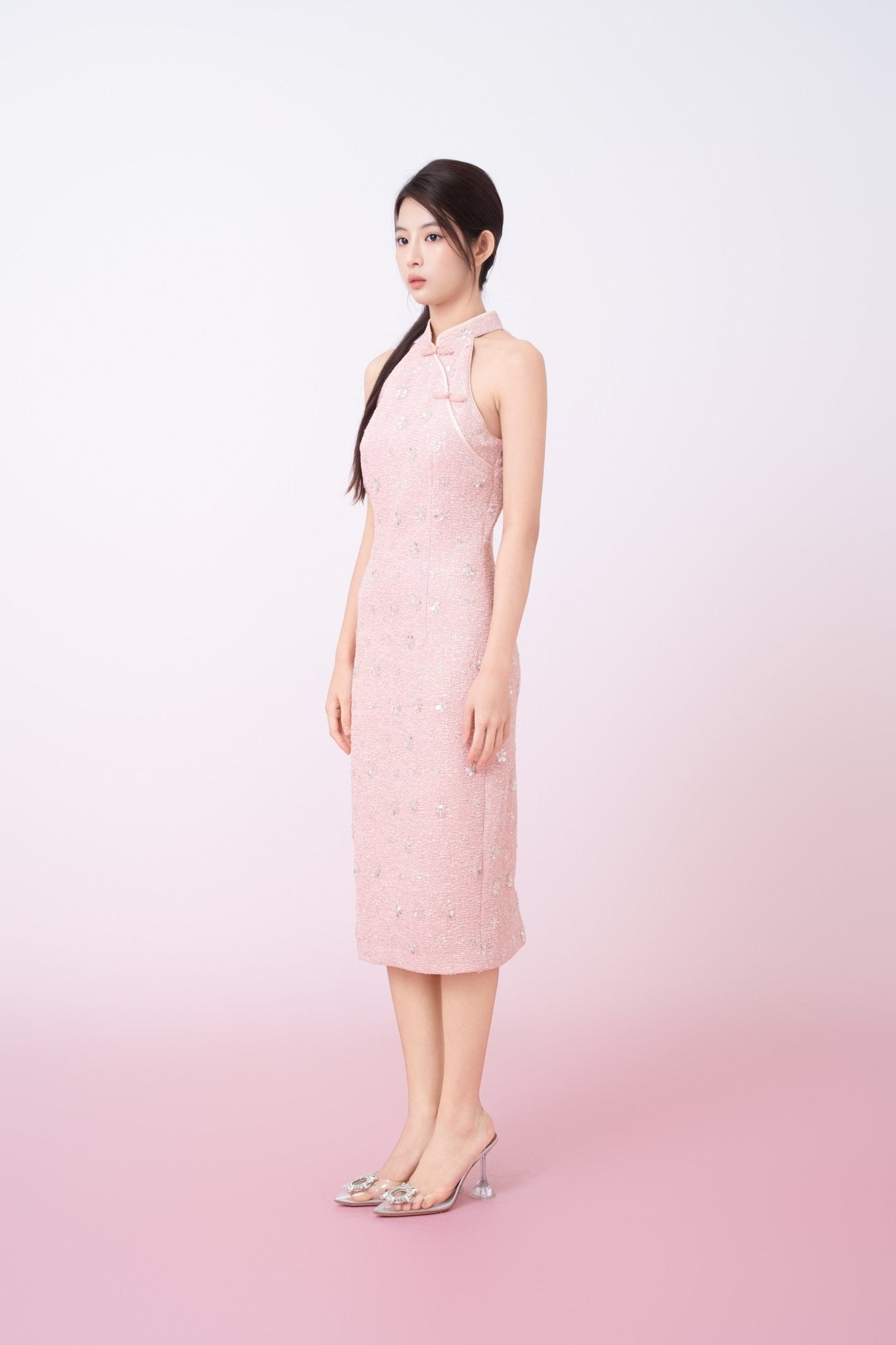 Gavraila Pink Tweed With Embellishments Cheongsam Dress - Nimisski