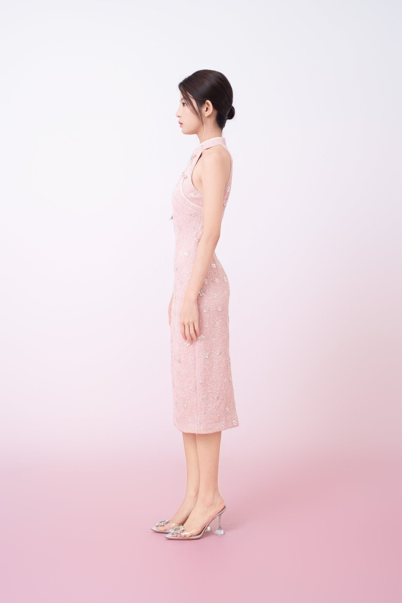 Gavraila Pink Tweed With Embellishments Cheongsam Dress - Nimisski