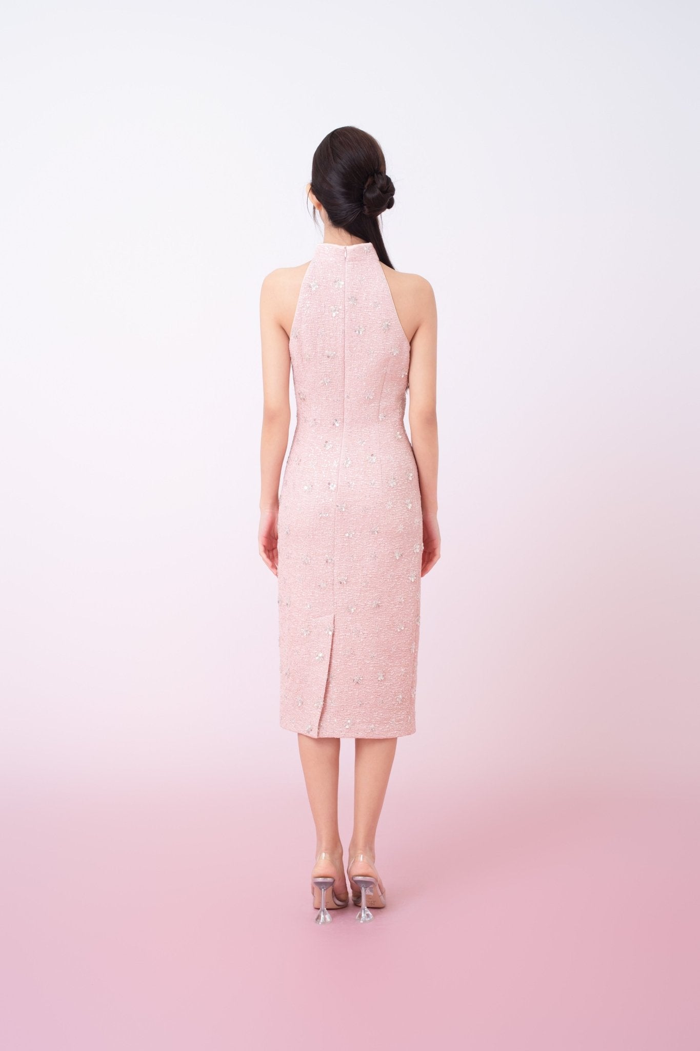 Gavraila Pink Tweed With Embellishments Cheongsam Dress - Nimisski
