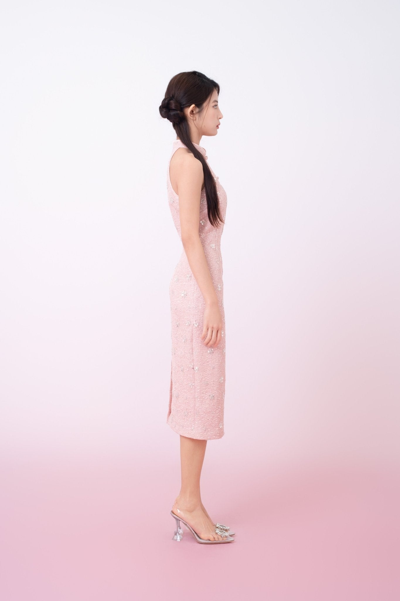 Gavraila Pink Tweed With Embellishments Cheongsam Dress - Nimisski