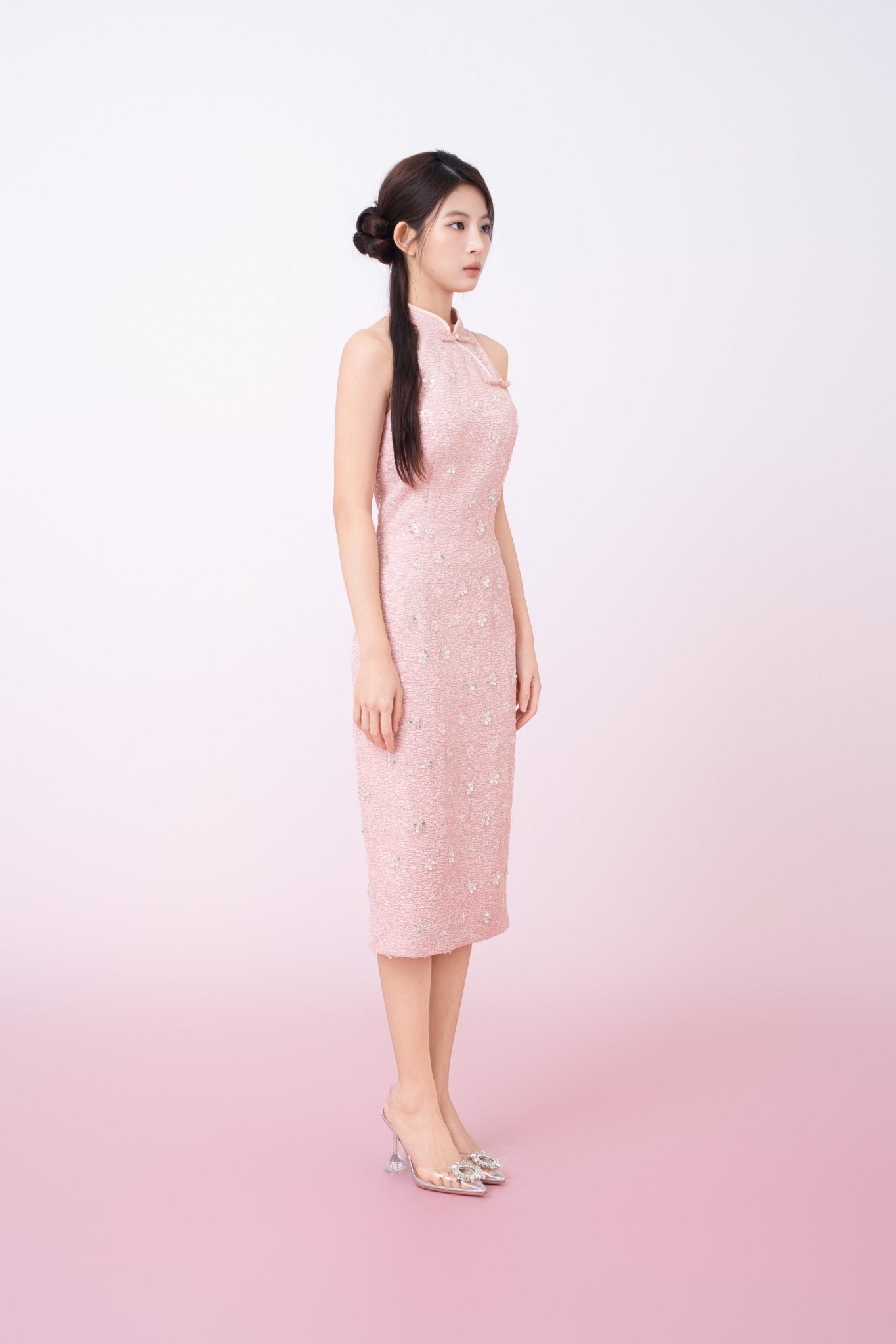 Gavraila Pink Tweed With Embellishments Cheongsam Dress - Nimisski