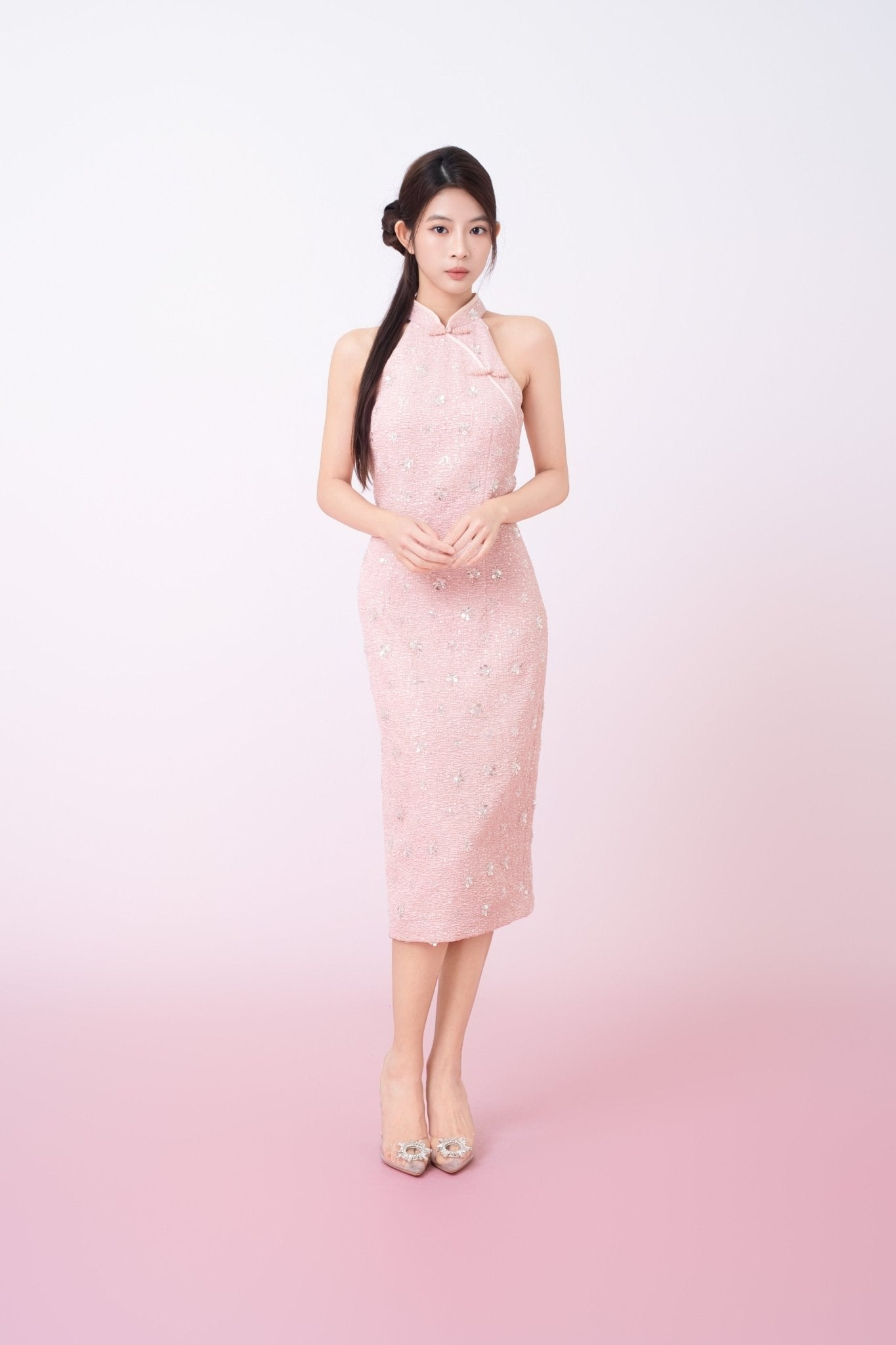 Gavraila Pink Tweed With Embellishments Cheongsam Dress - Nimisski