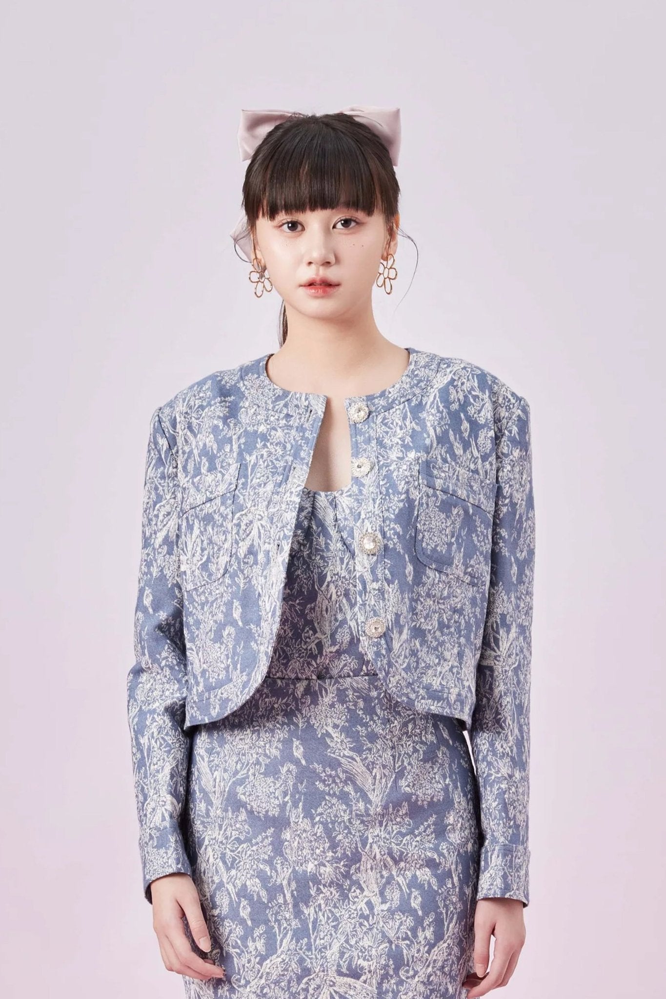 Gabrila Blue Denim Print Crop Jacket - Nimisski