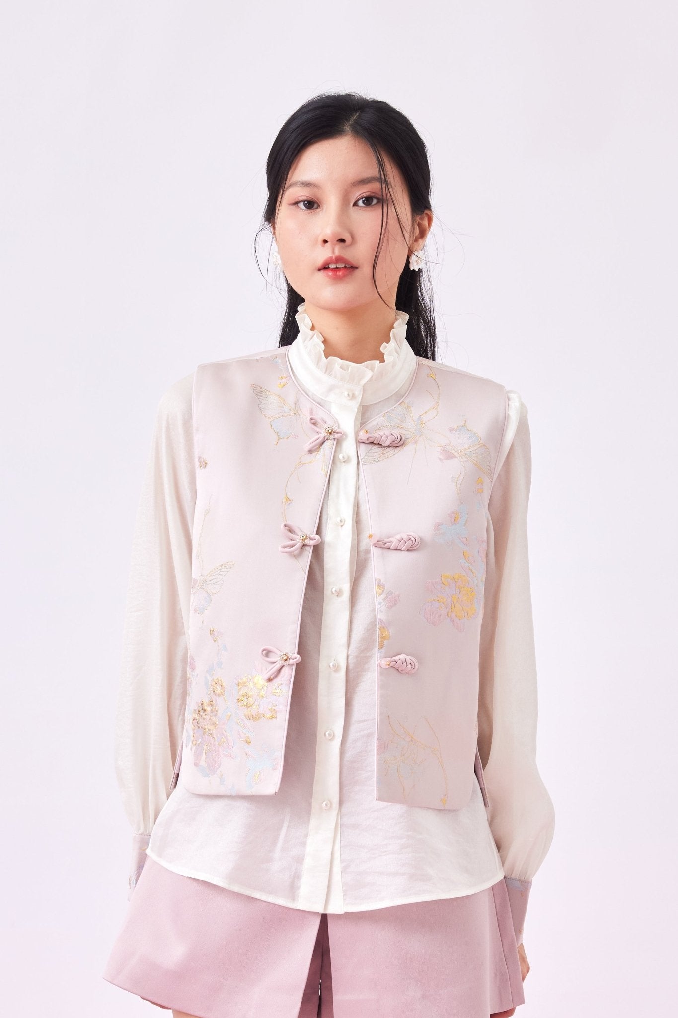 Gabrina Pink Butterfly Knot Sleeveless Jacket - Nimisski