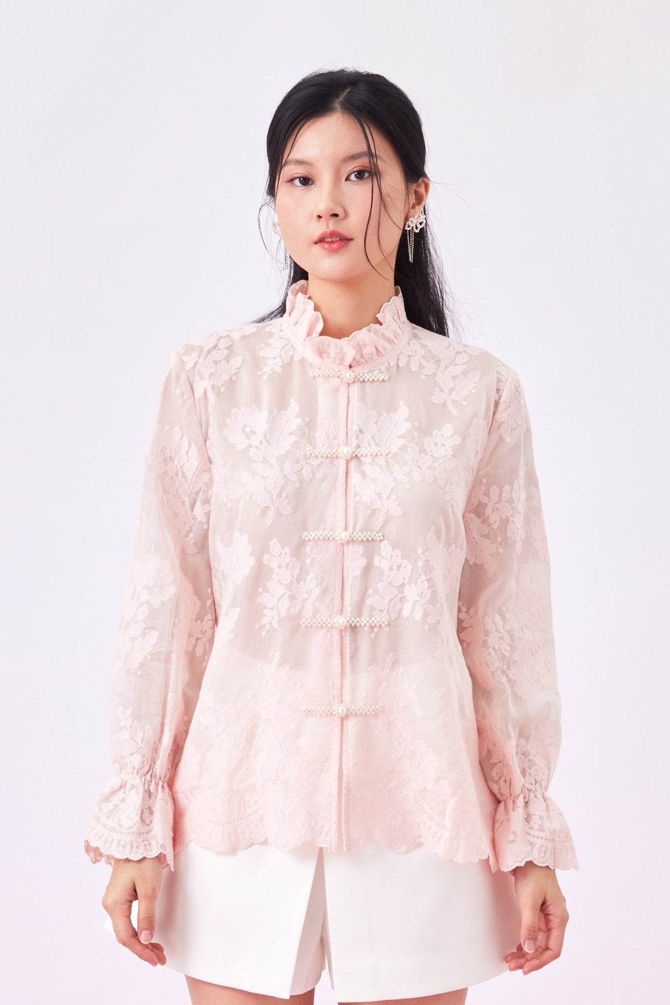 Gelilah Pink Lace Mandarin Collar Top - Nimisski